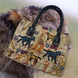 Vtg 90s Y2K Beaded African Safari Purse Handbag Leather Handles Boho Chic